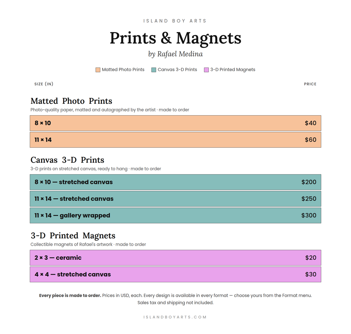 Print price guide — matted photo prints, canvas 3-D prints and 3-D printed magnets, all made to order